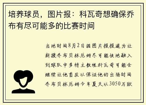 培养球员，图片报：科瓦奇想确保乔布有尽可能多的比赛时间